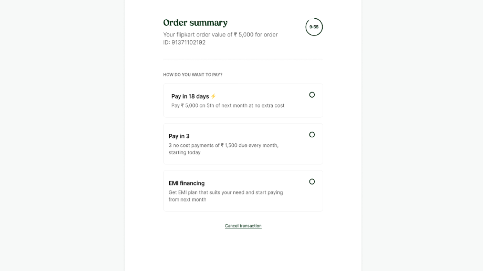 Order summary and option for user to select pay later scheme