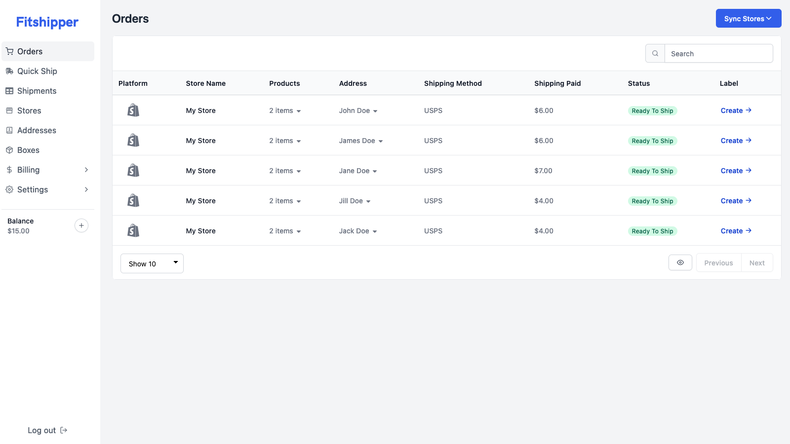 Orders screen in Fitshipper showing multiple Shopify orders