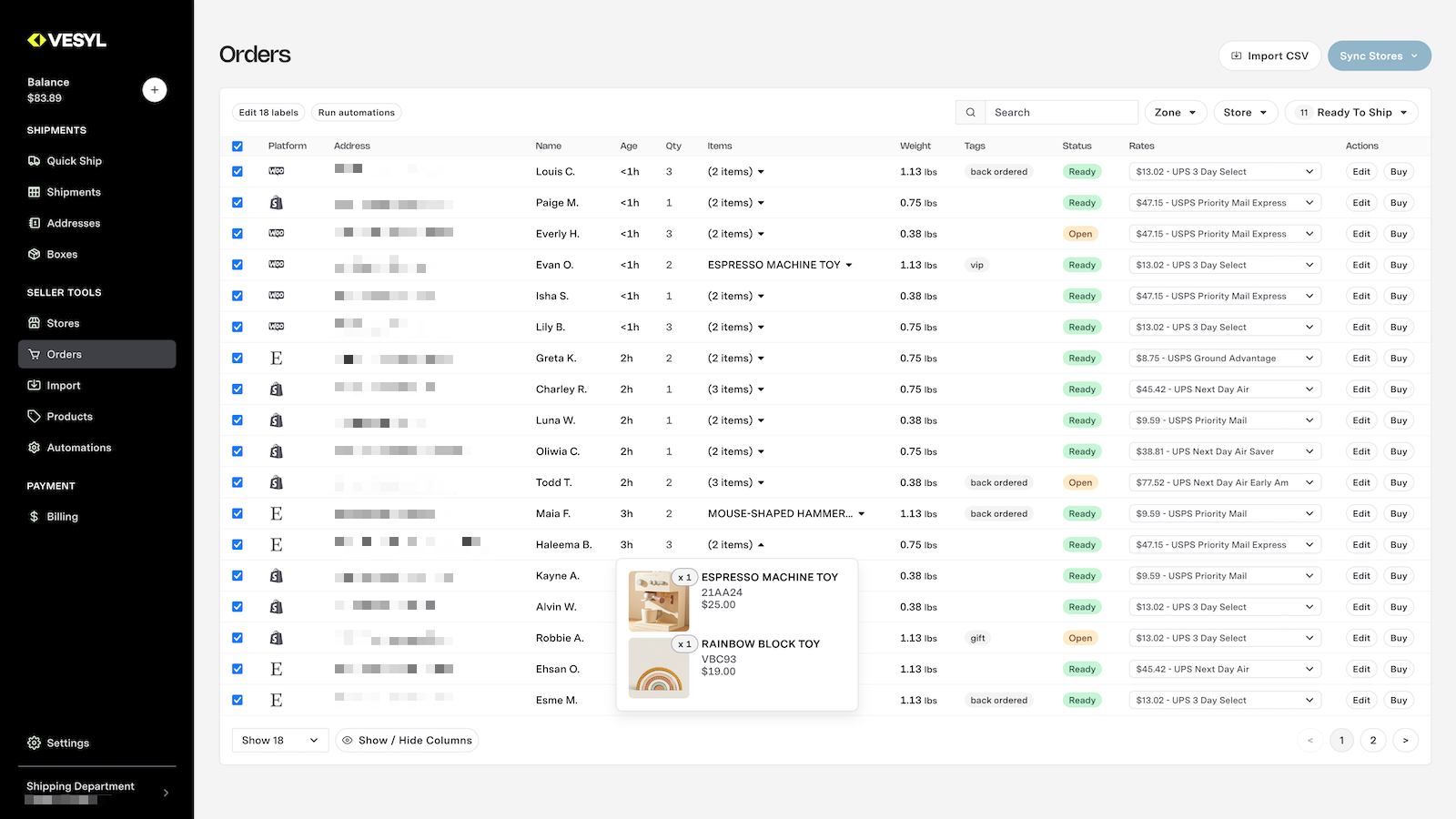 Orders screen in VESYL showing multiple Shopify orders