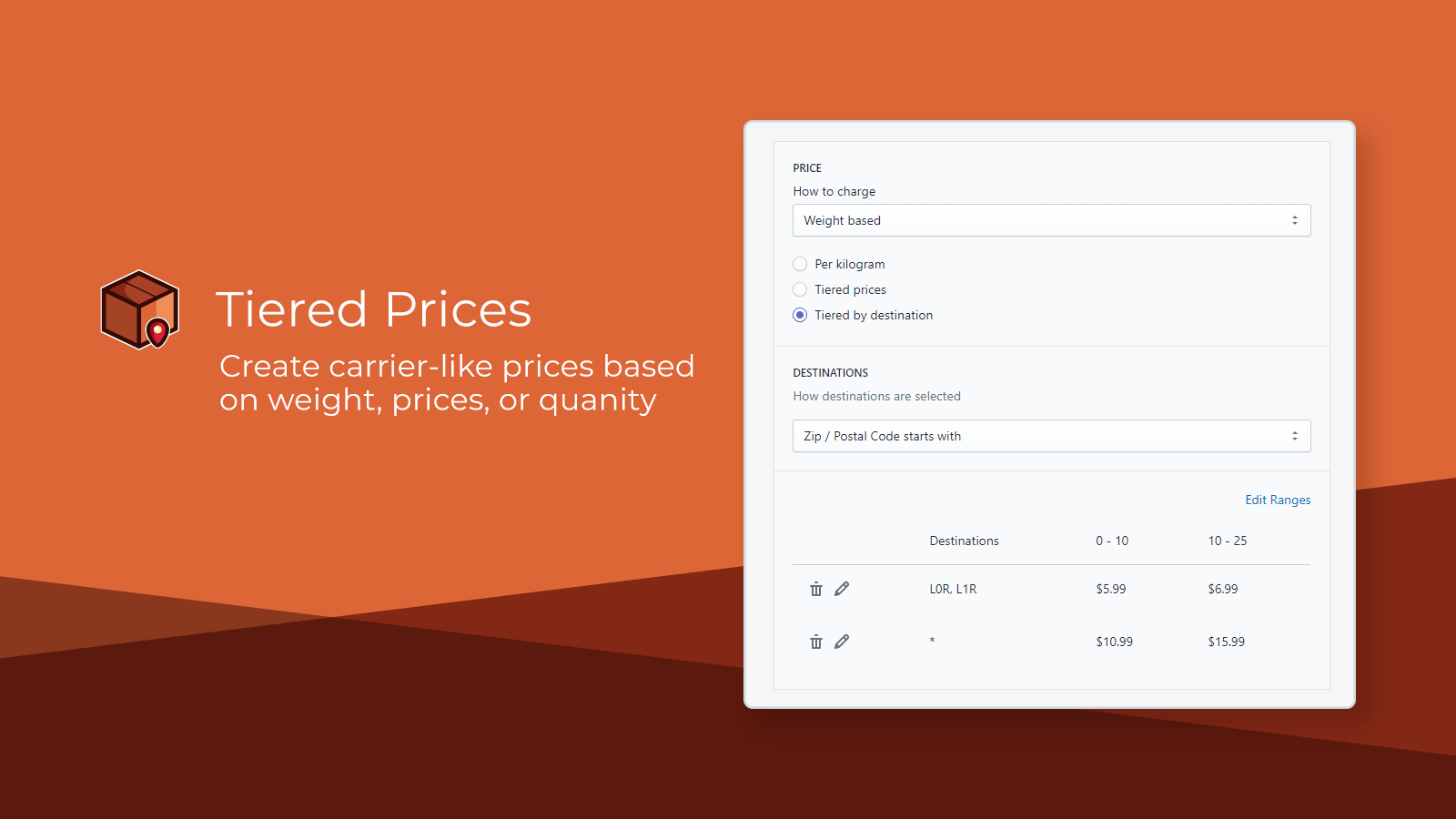 Our tiered price dialog with a list of weights tiered by zipcode