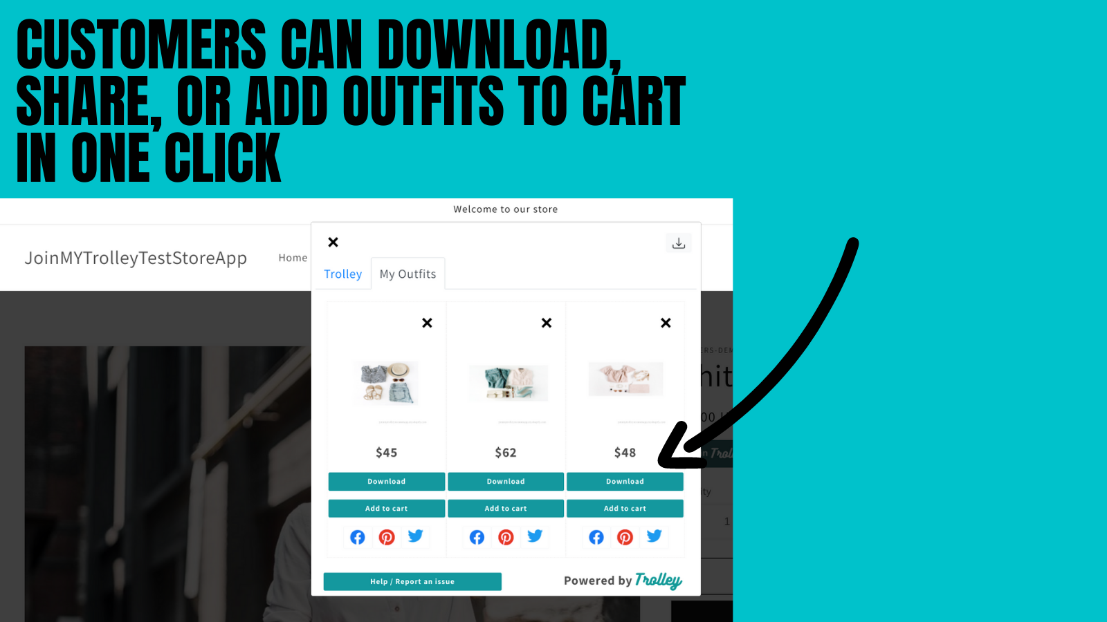 Outfits: download, add to cart, or share to social media