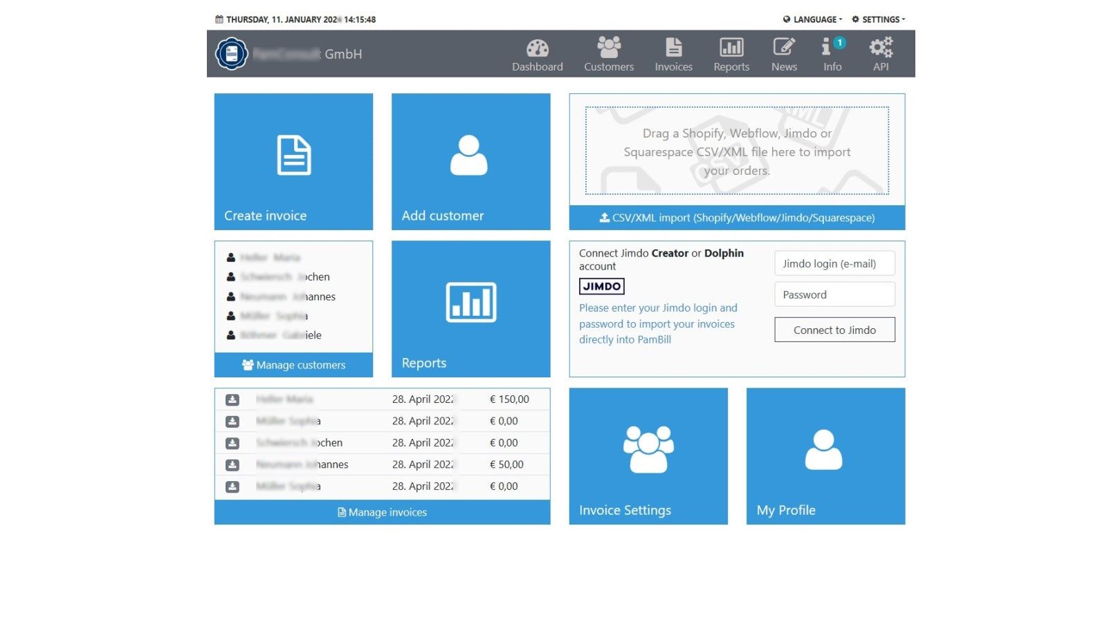 PamBill Dashboard to manage invoices, customers and more
