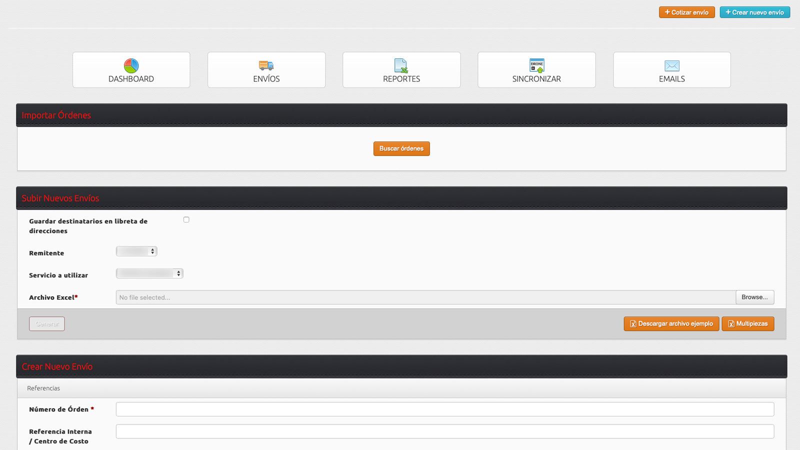 Pantalla de importación y creación de envíos