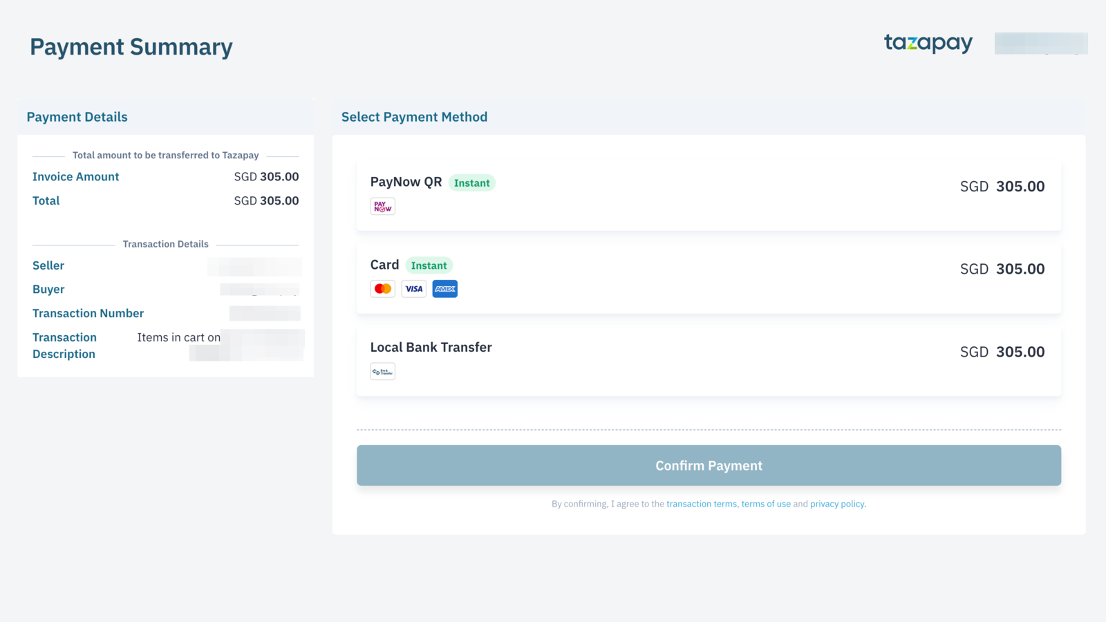 Payment options shown to the buyer