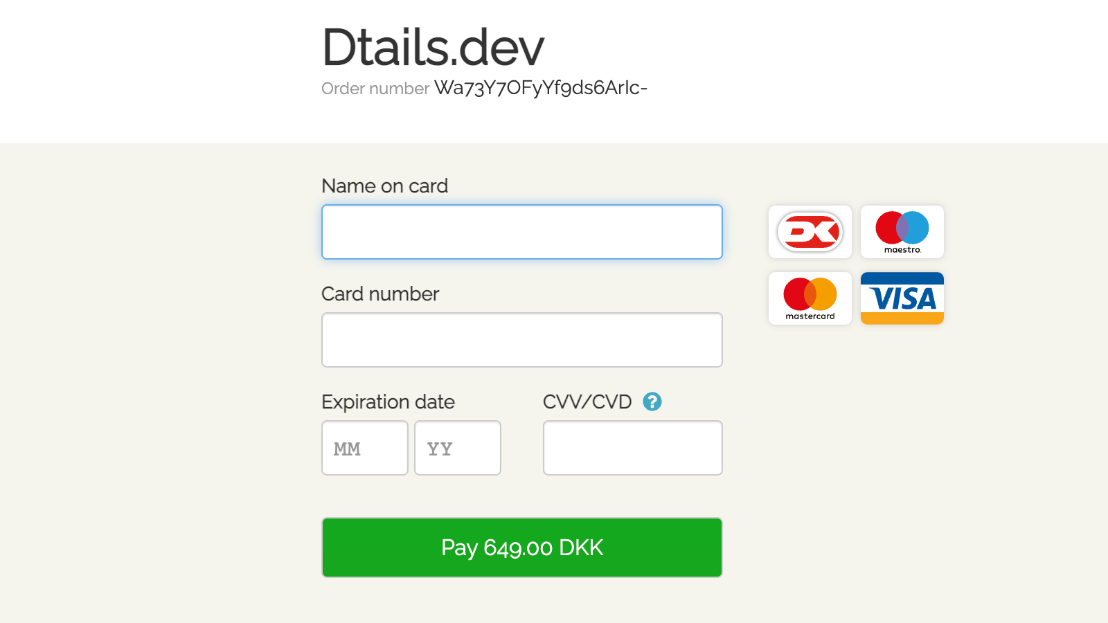 Payment page for entering payment details