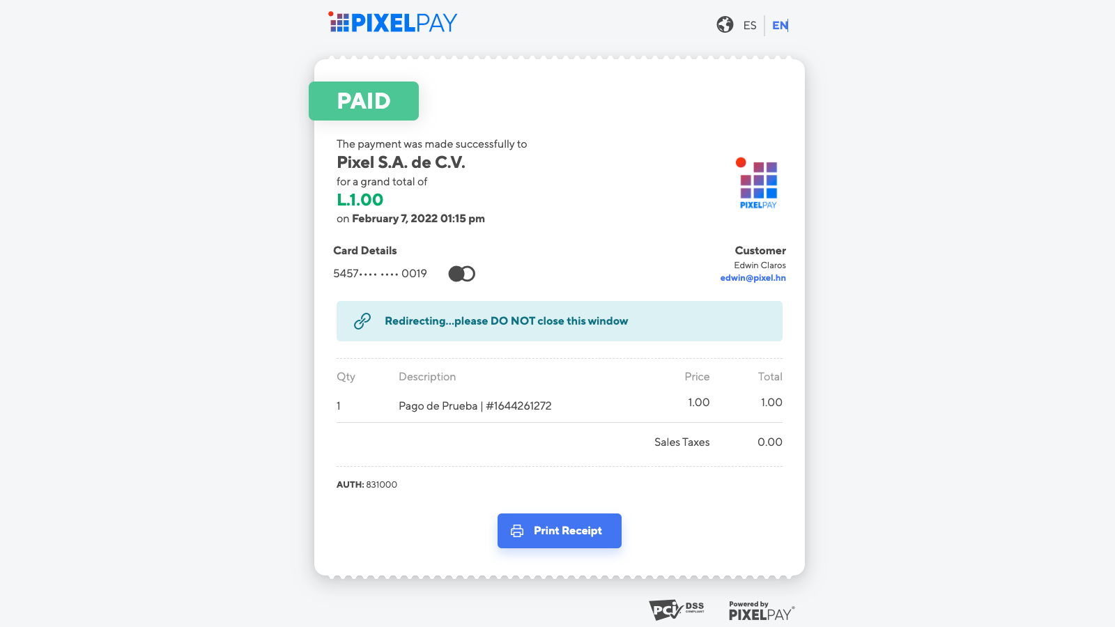 Payment Success View Example