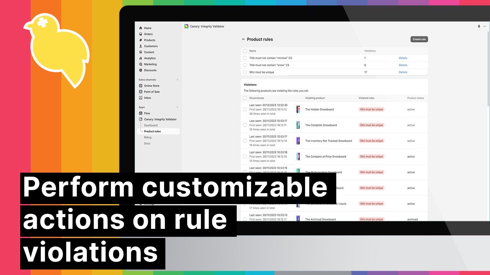 Perform customizable actions on rule violations