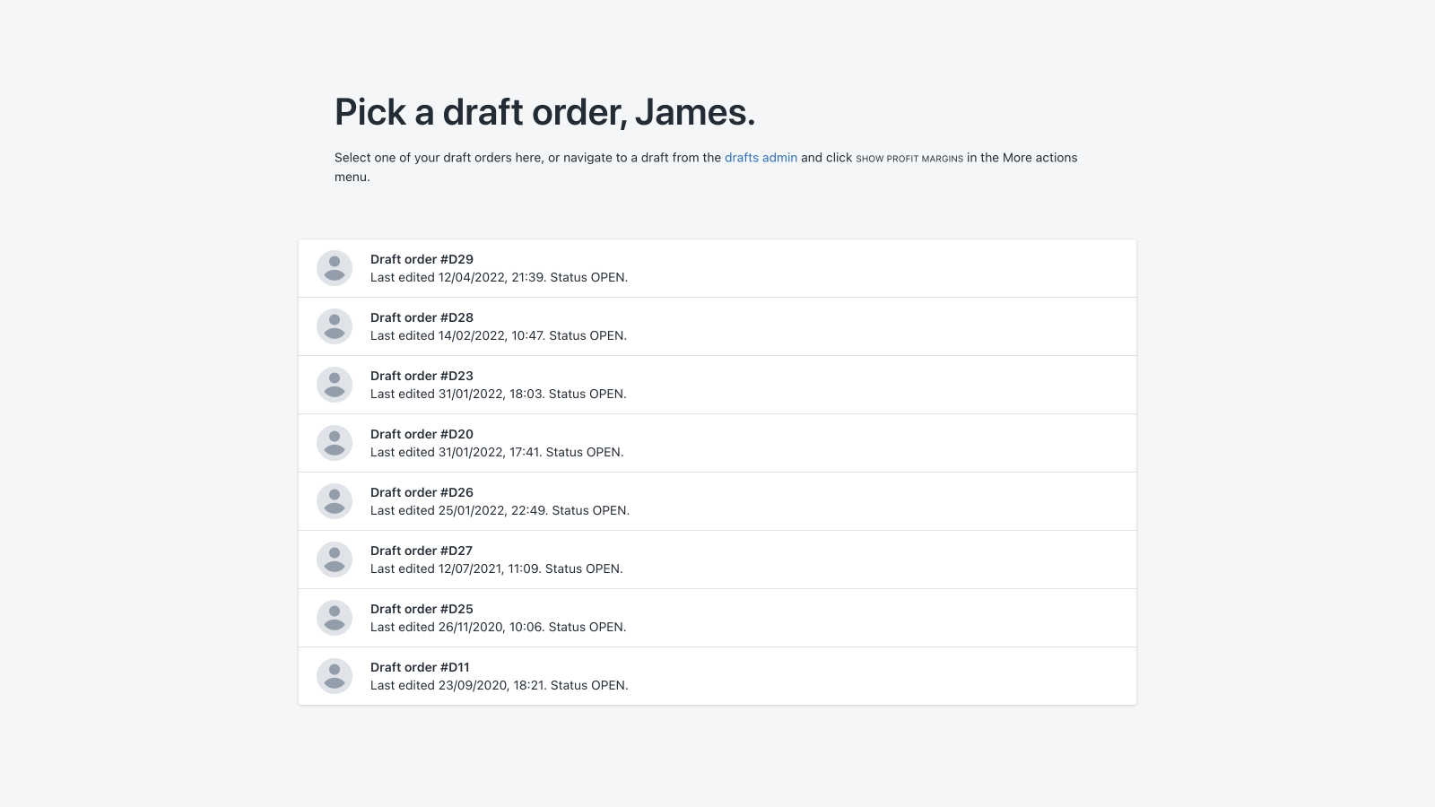 Picking a draft order to calculate profit margins for in Shopify