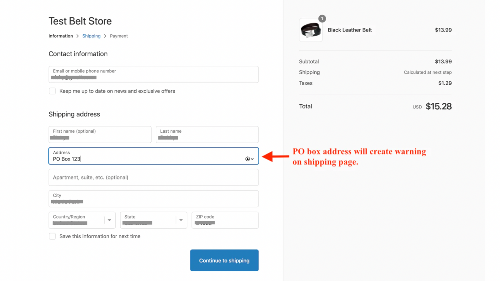 PO box addresses will create error on shipping page.