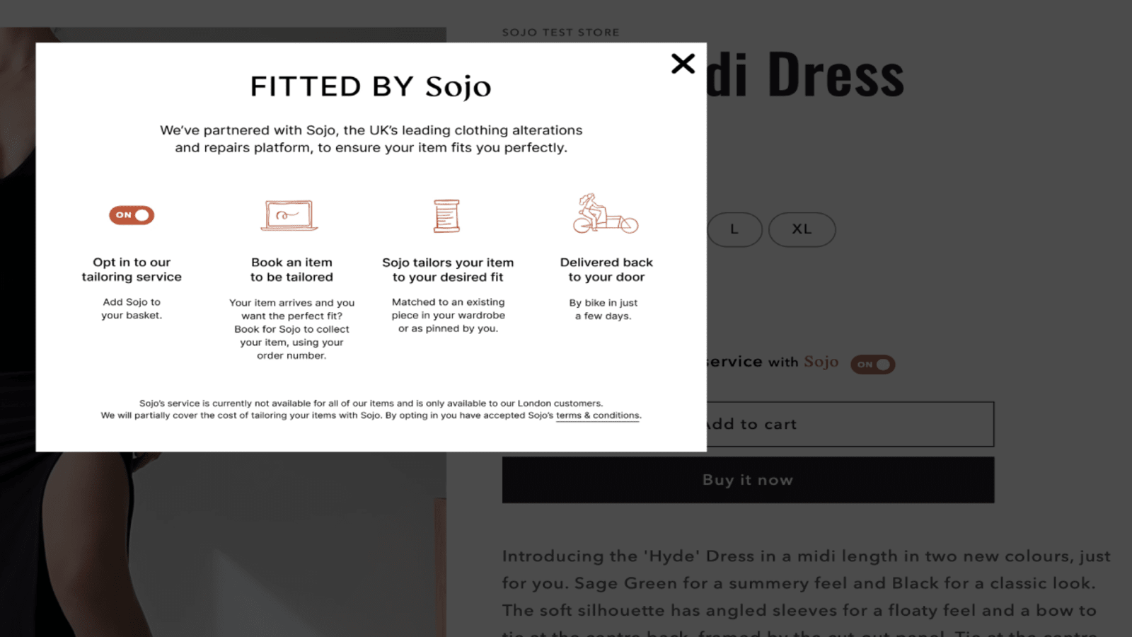 Pop up image explaining the SOJO Tailoring service
