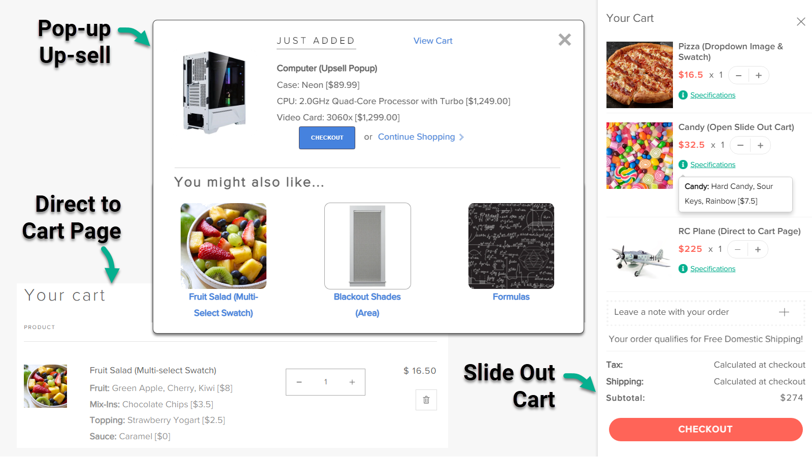 Pop-up Upsell, Slide out Cart Drawer, of Direct to Cart support