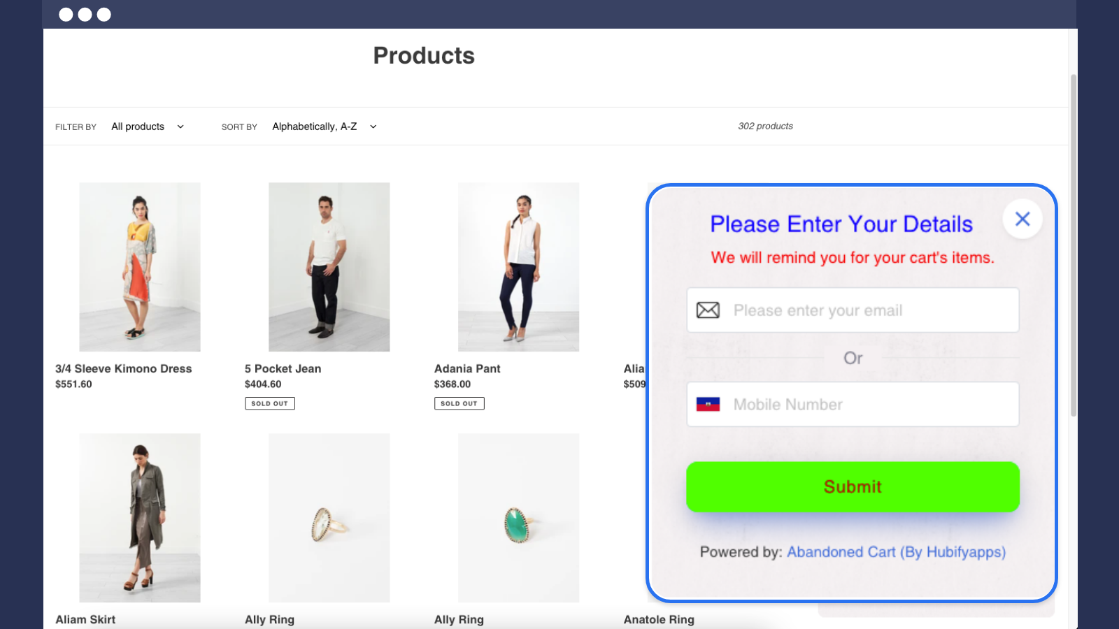 popup on the product page