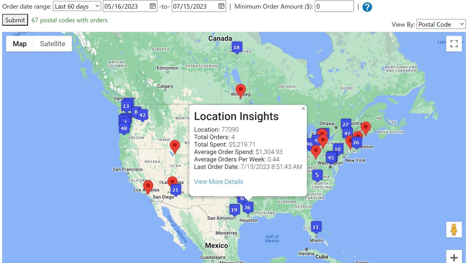 Postal code/Province details showing order activity and insights