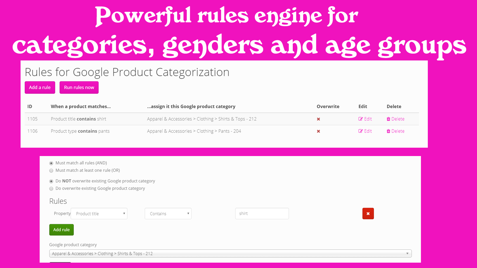 Powerful rules engine for categories, age groups and genders