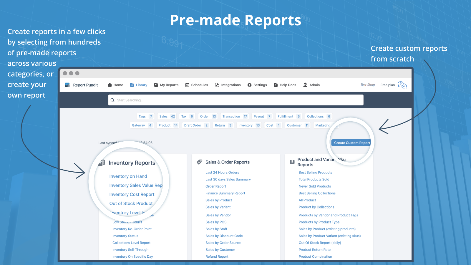 Pre-created Reports like Orders Inventory Products Sales Taxes