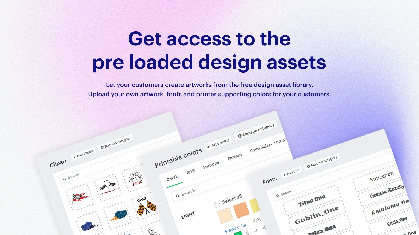Pre loaded design asset library with custom uploads