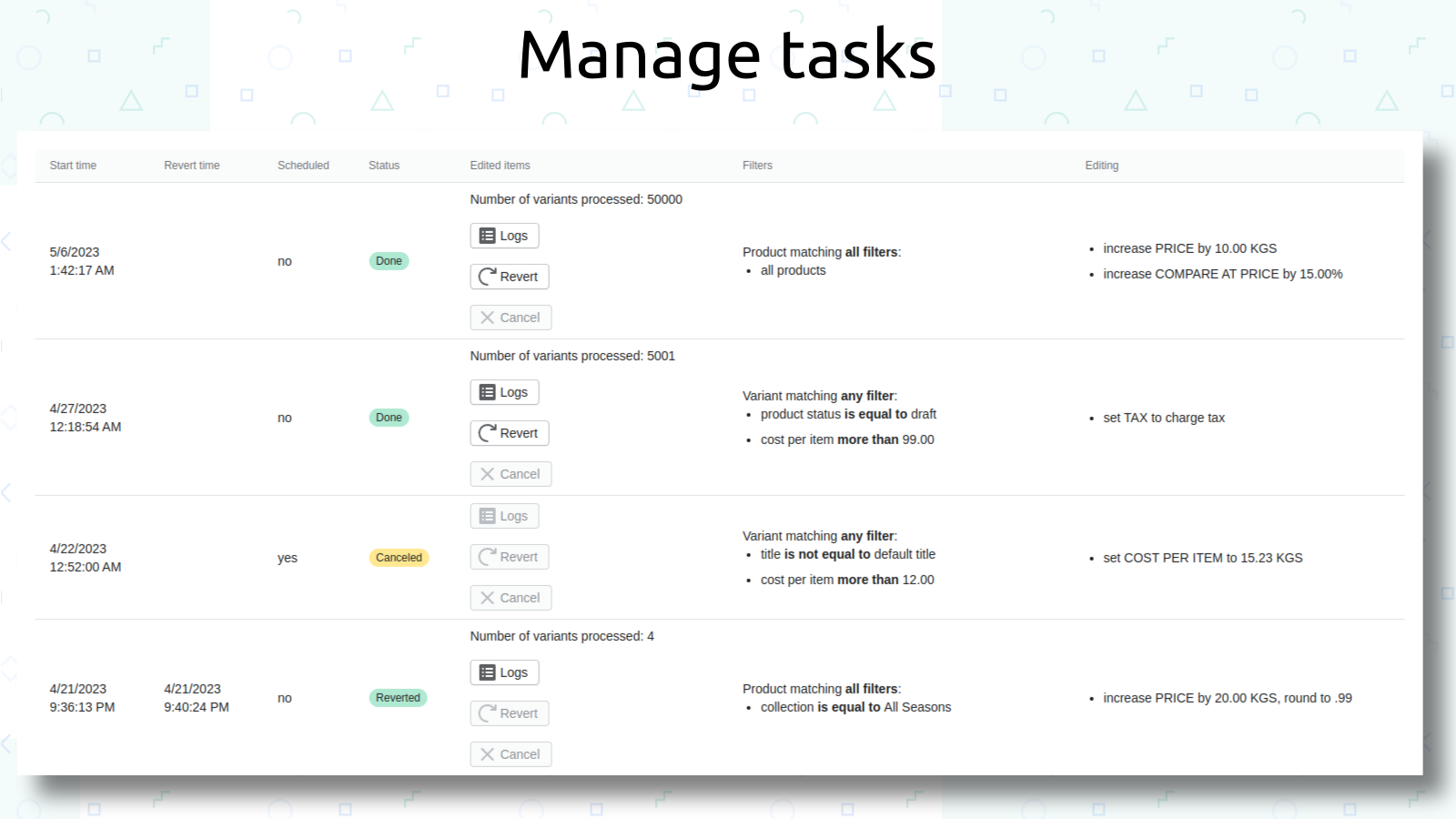 Price manager by tasks
