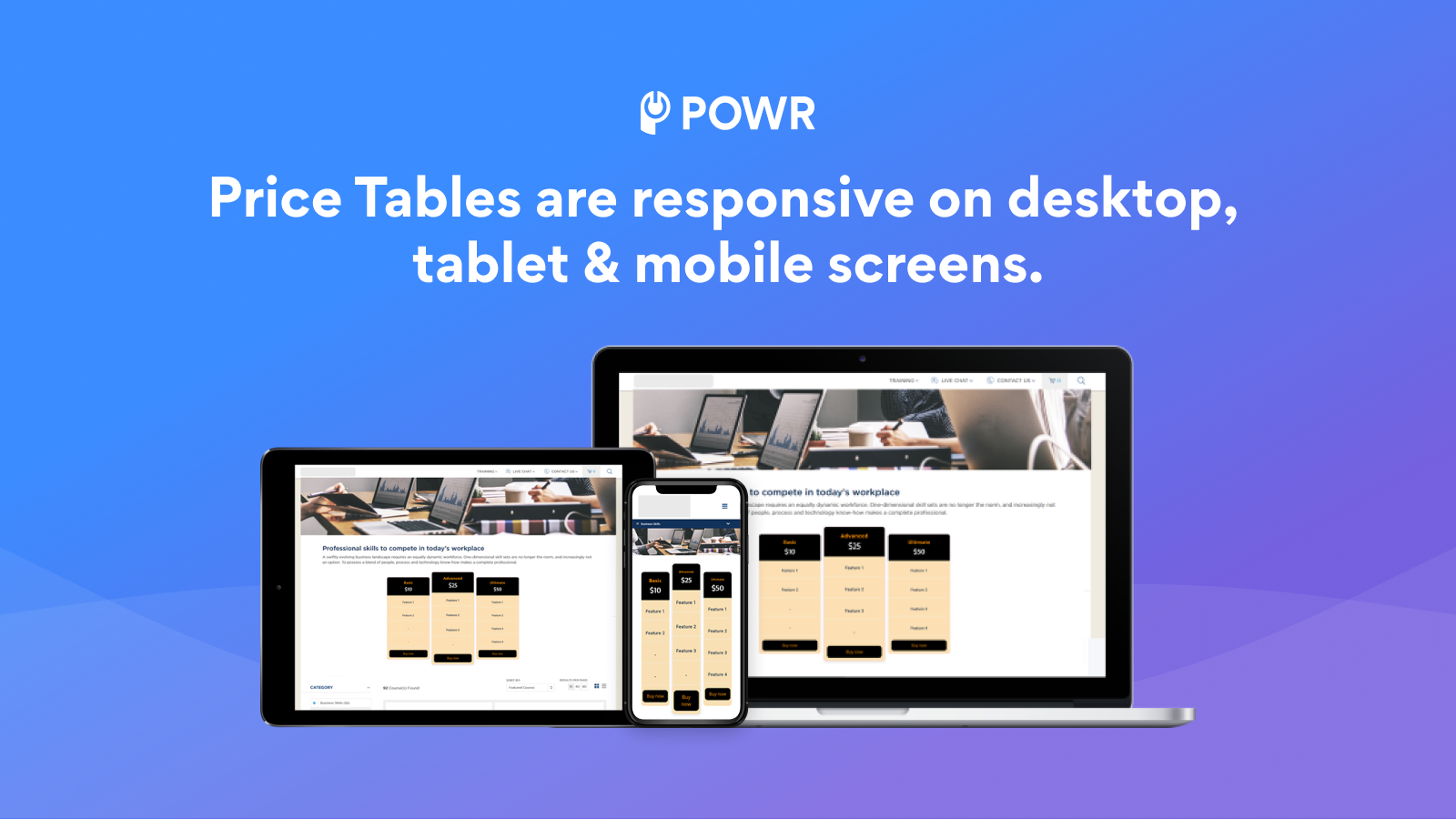 Price Table is responsive on desktop, tablet & mobile.