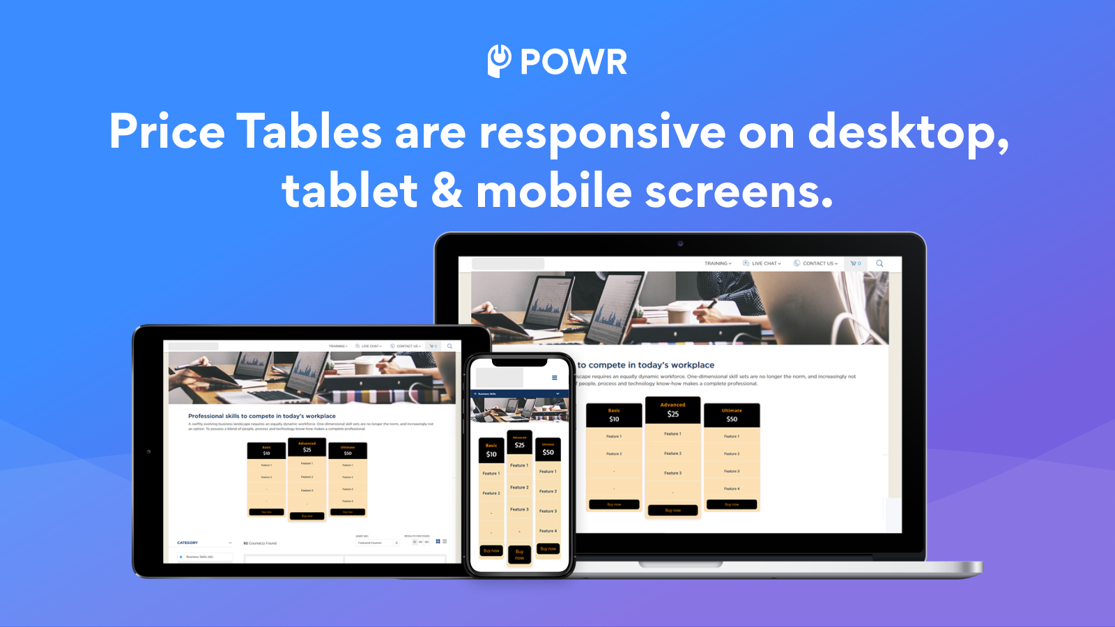 Price Table is responsive on desktop, tablet & mobile.