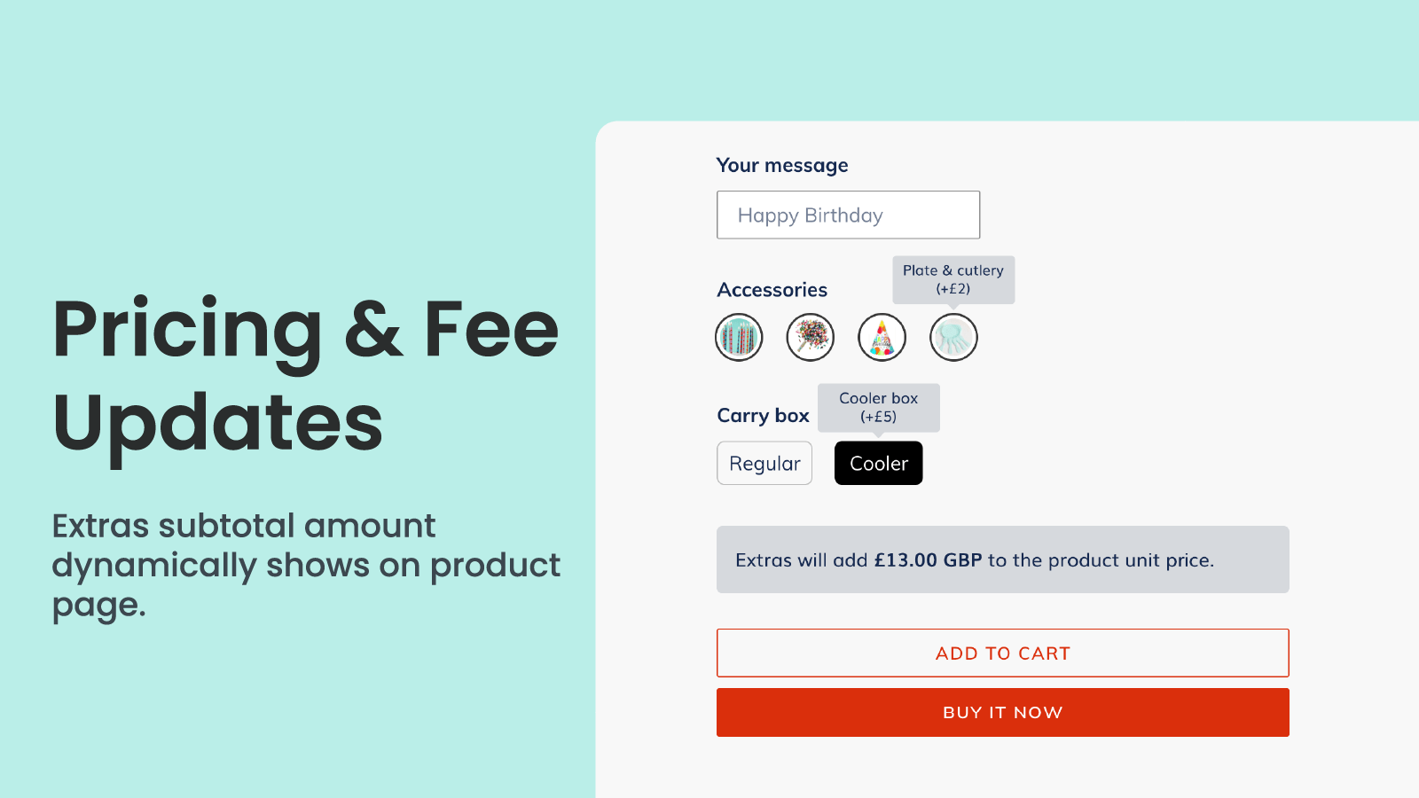 Pricing and fee updates with subtotal amount on product page