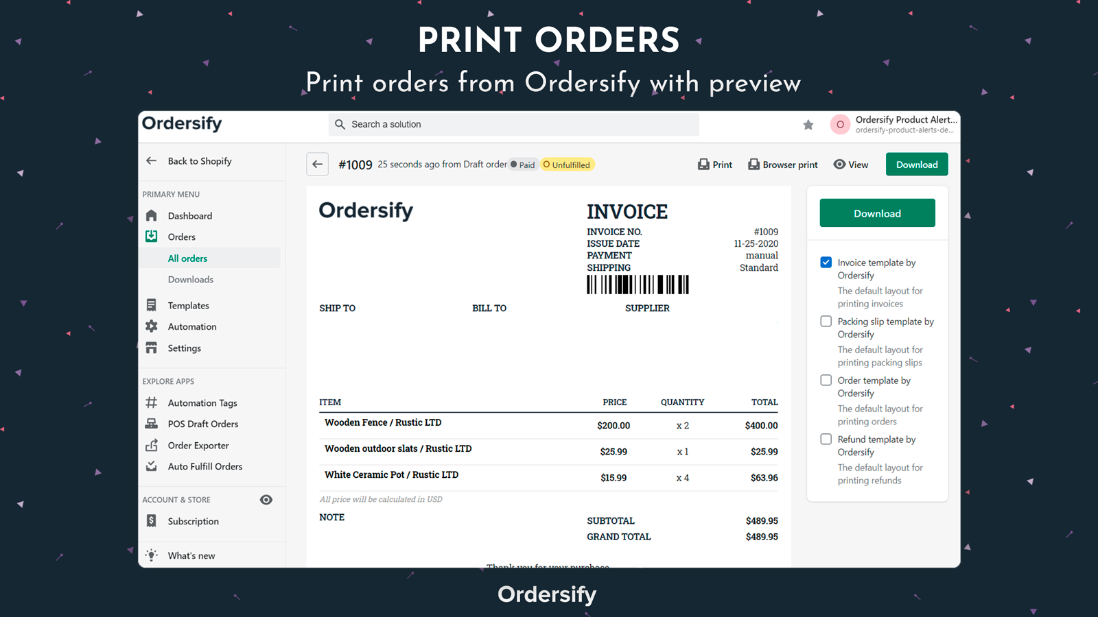 Print orders from Ordersify with preview