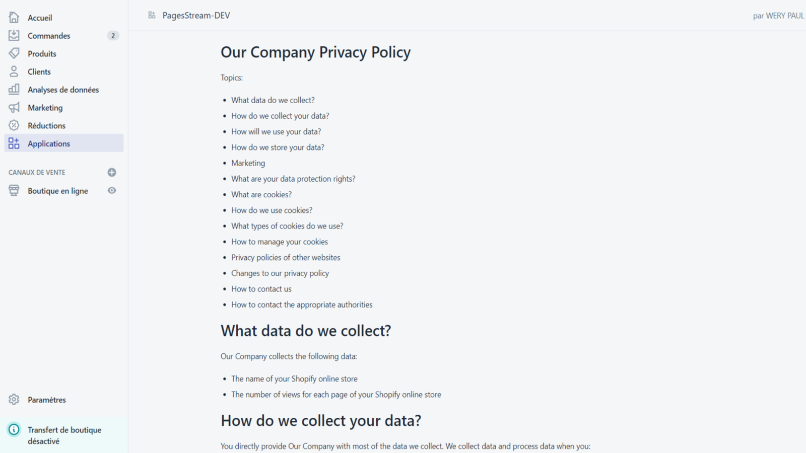Privacy policy page