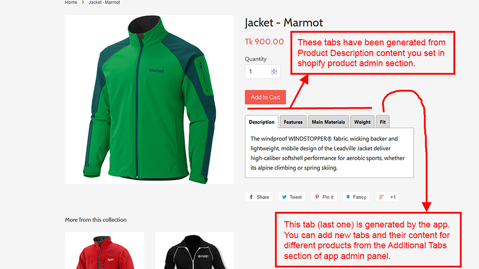 Product description tabs in product details page