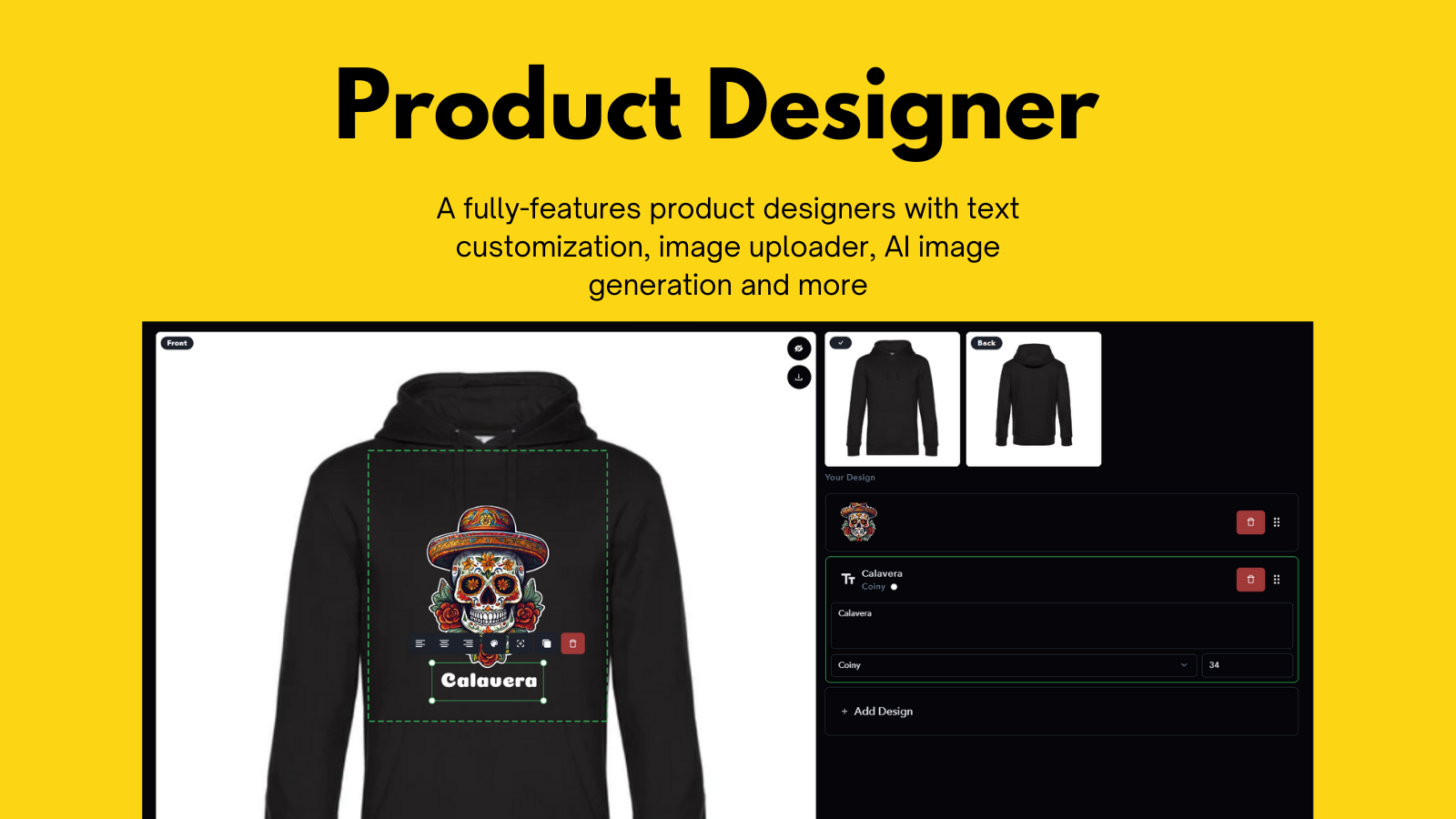 Product designer with image uploader and text customization