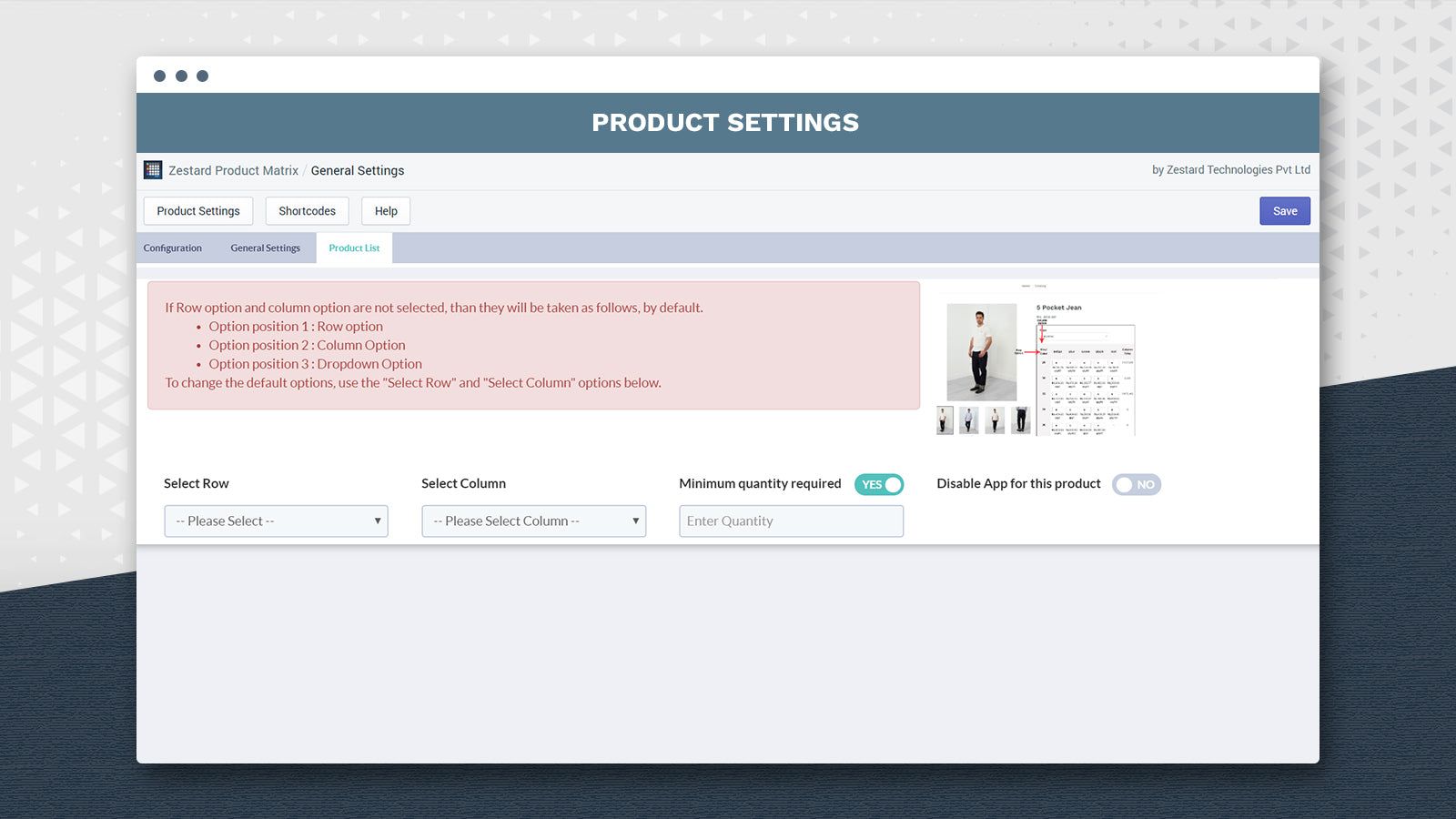 Product detail configuration settings