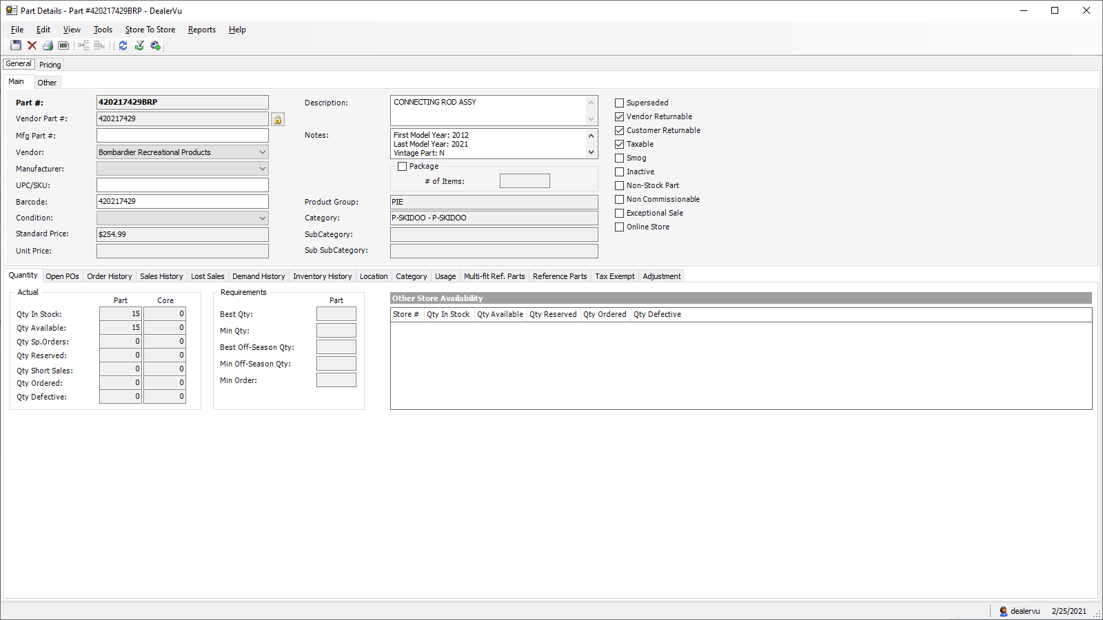 Product details in a DMS desktop application (retail store)