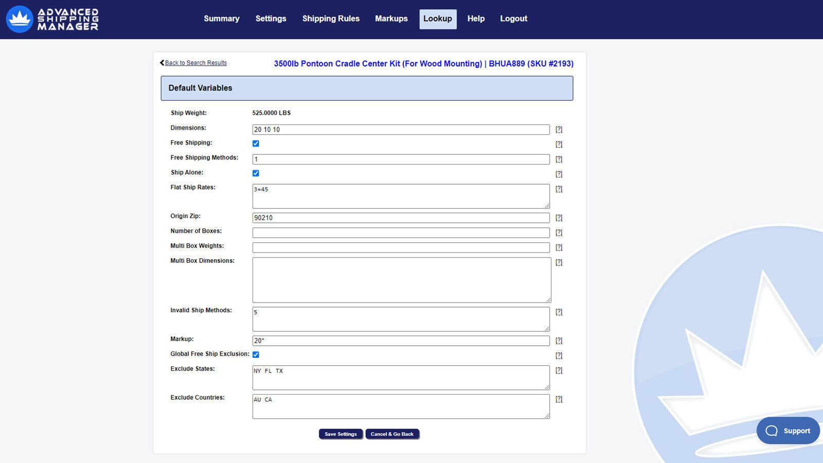 Product editing page showing the various attributes controlled