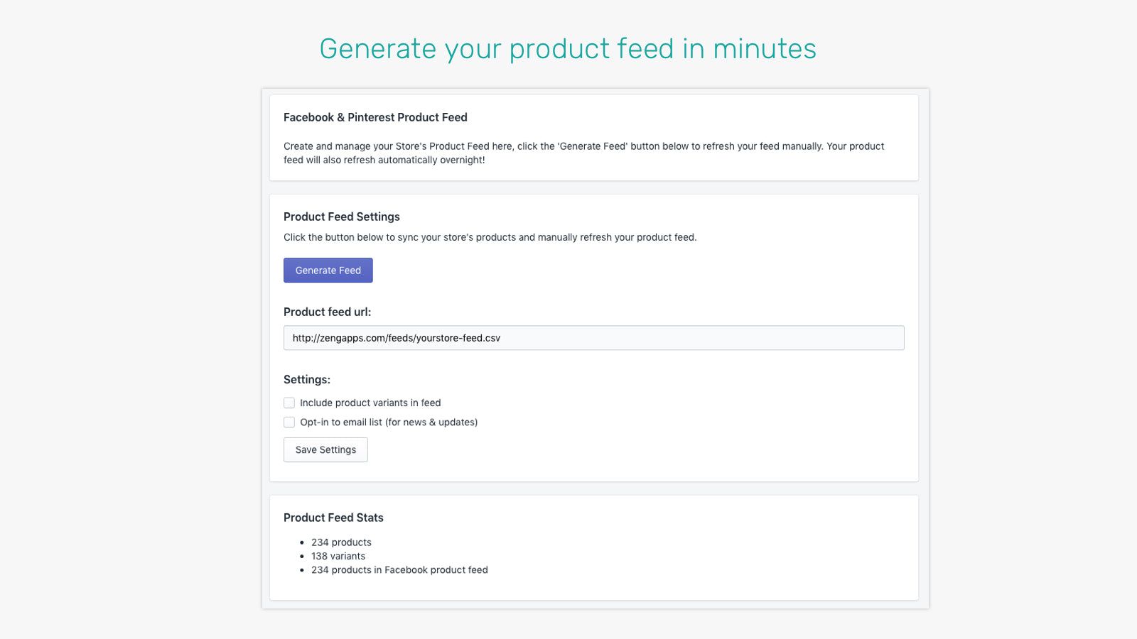 Product Feed App homepage