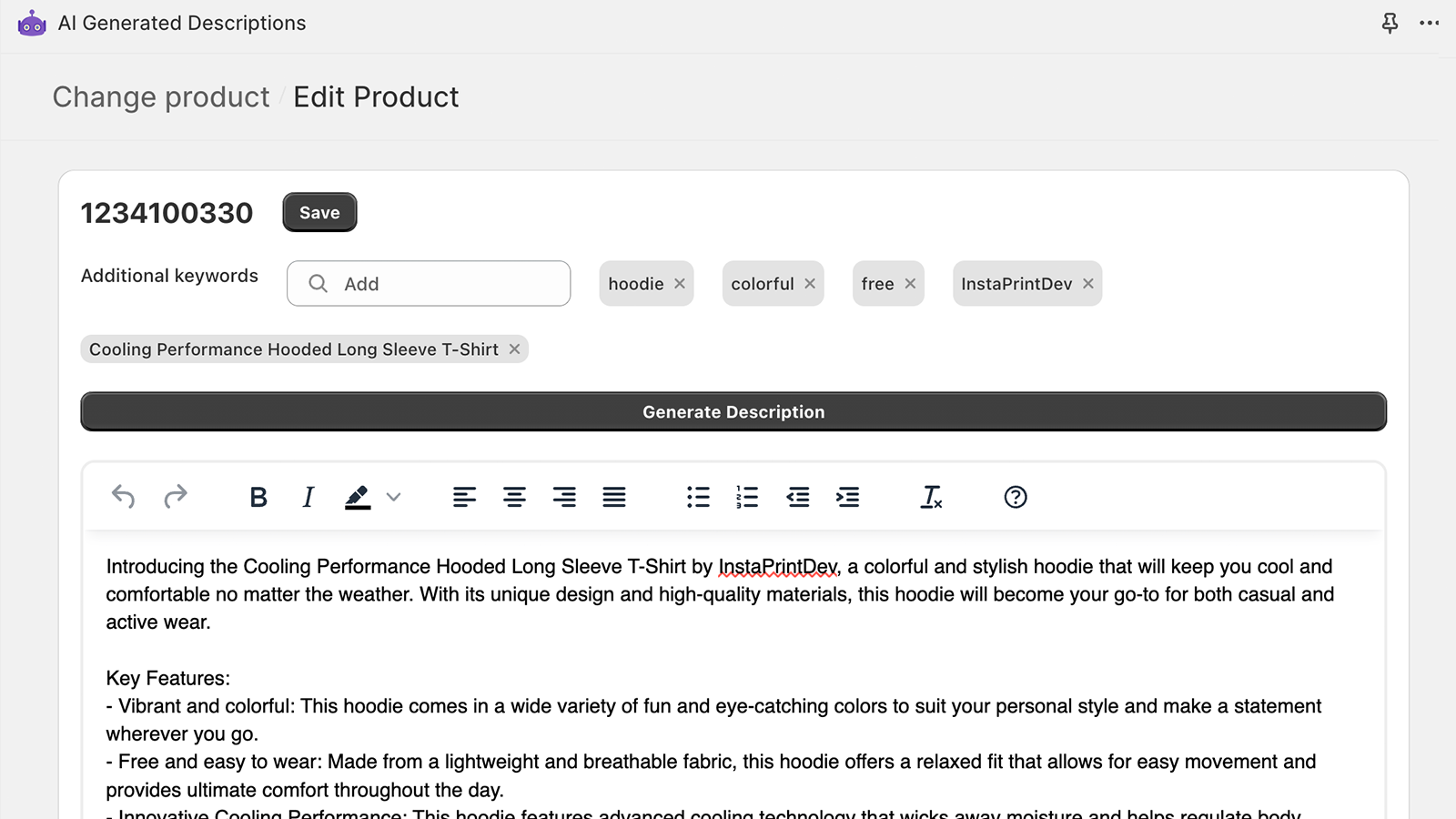 Product generation page with rich HTML editor