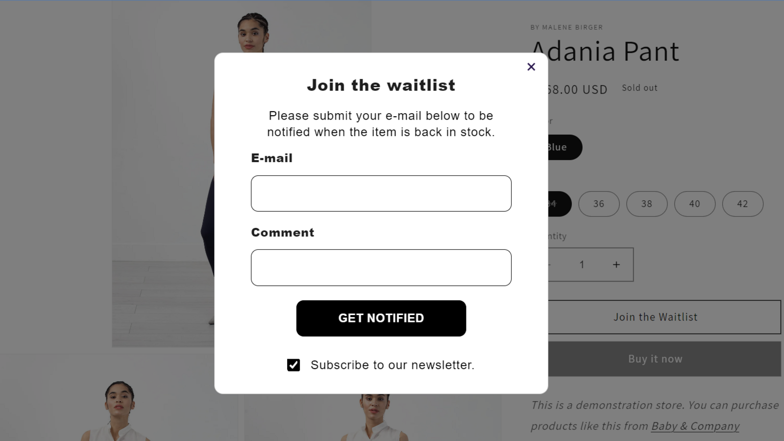 Product page add-in allows for shoppers to join your e-mail list