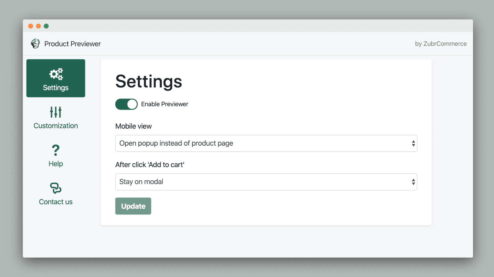 Product Previewer settings page