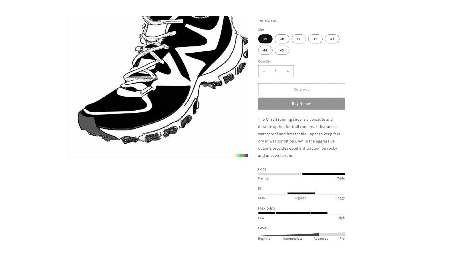 Product specification charts in PDP trail shoes example