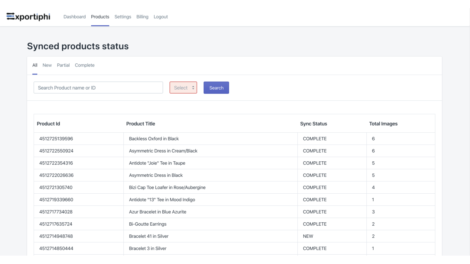 Product Sync Status Page