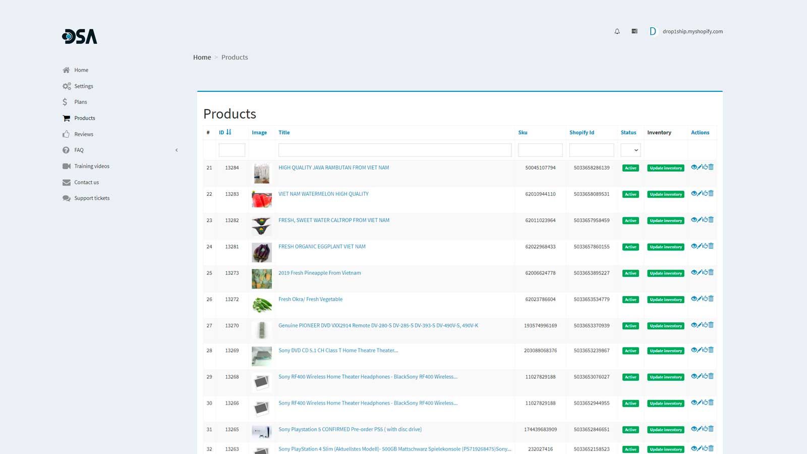 Products in DSA dashboard
