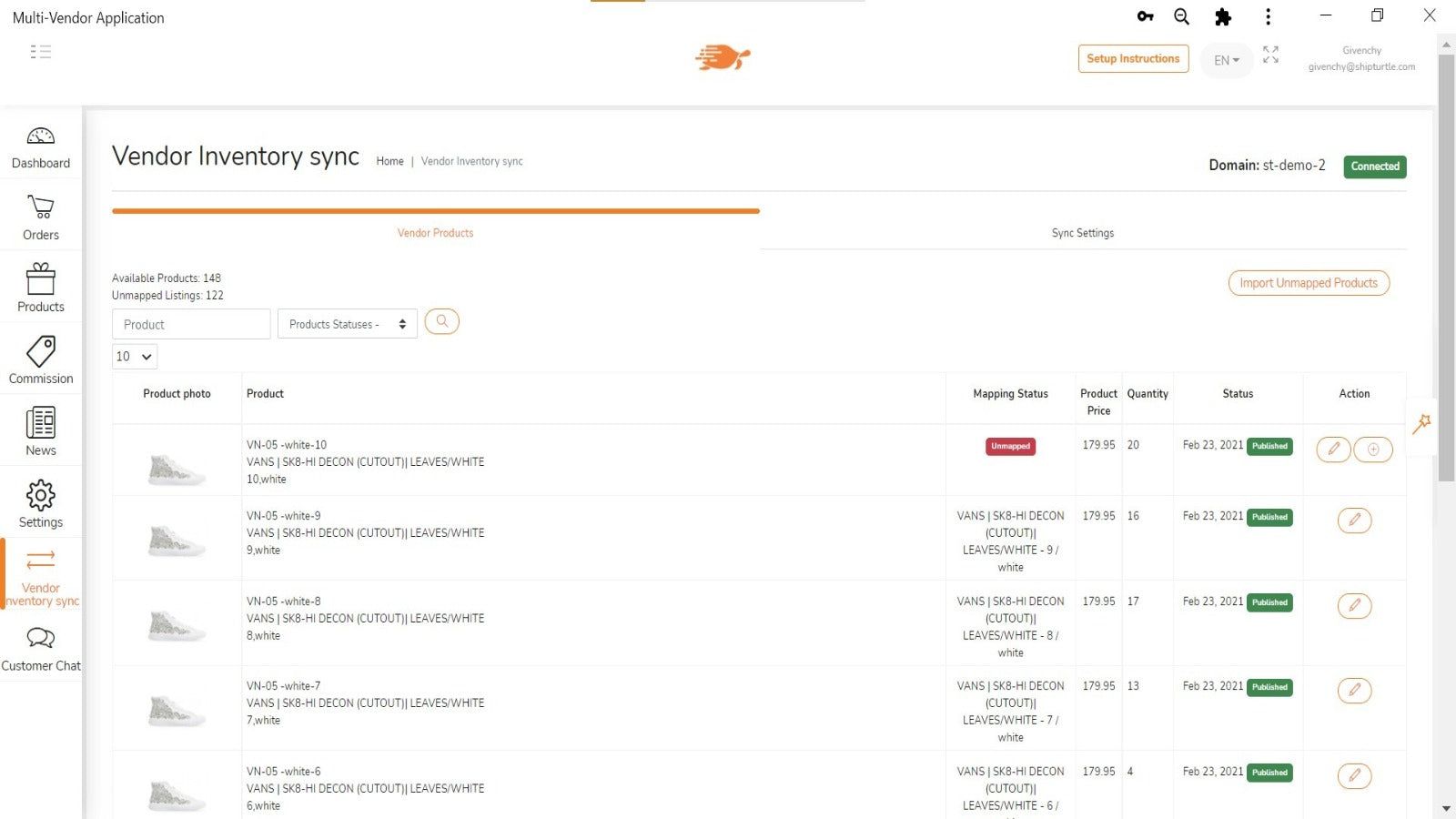 Products page on Shipturtle (Vendor view for sycing)