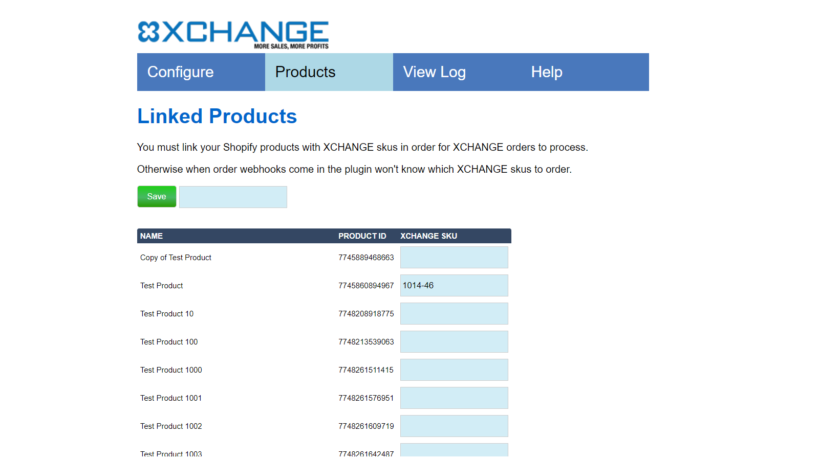 Products page where you connect your XCHANGE products