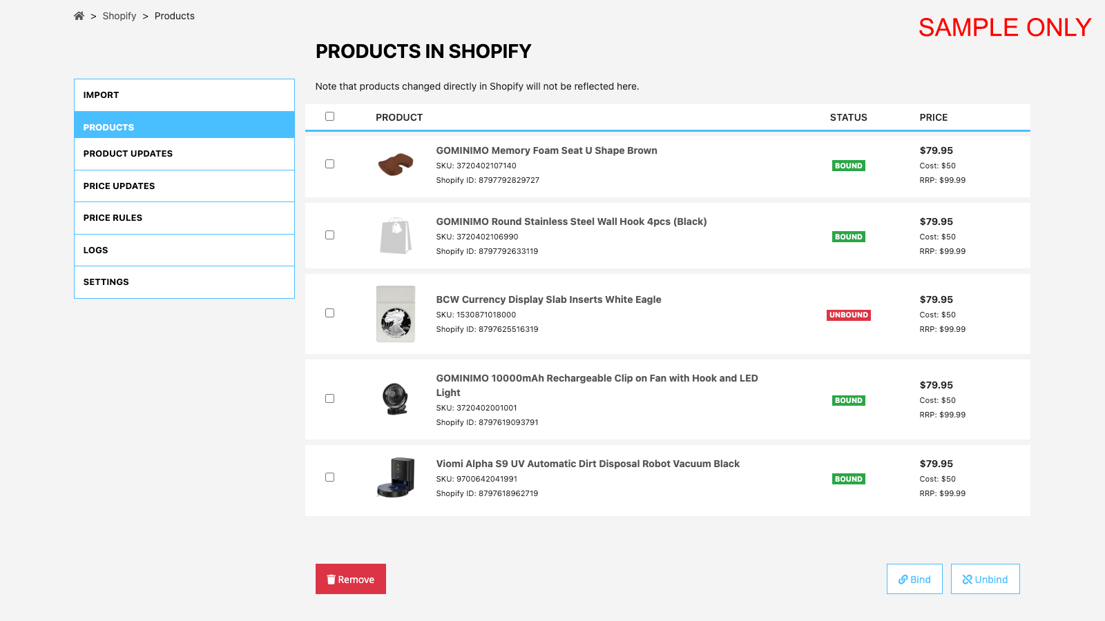 Products that have been imported into Shopify