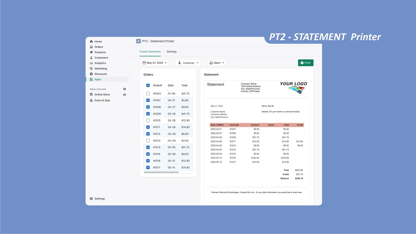 PT2 Statement Printer App - create statement screenshot