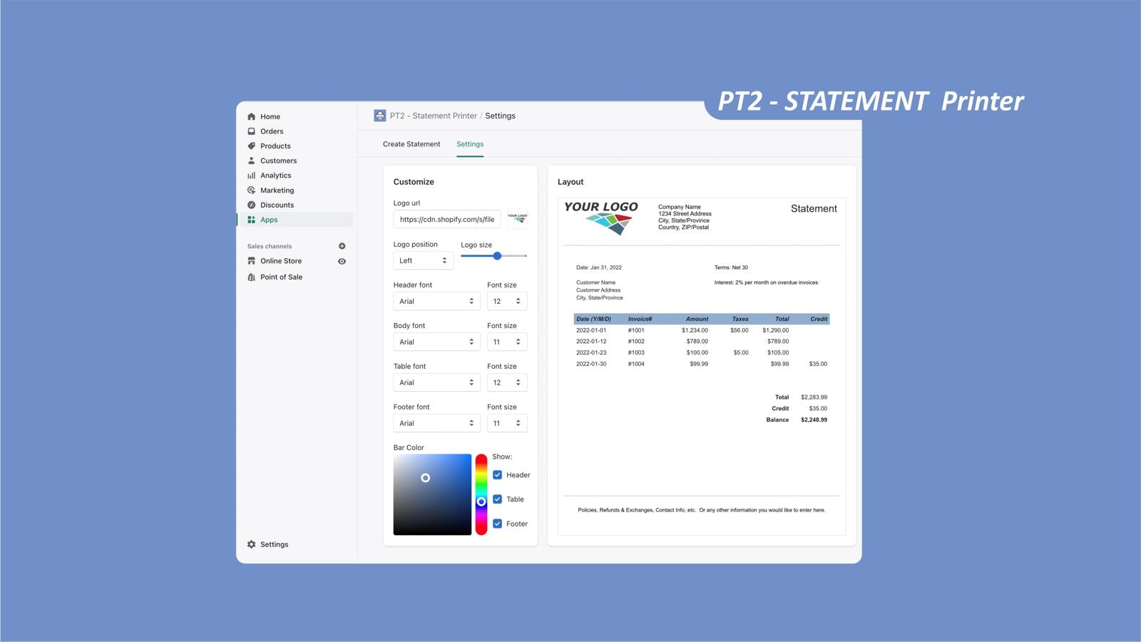 PT2 Statement Printer App - customize statement screenshot
