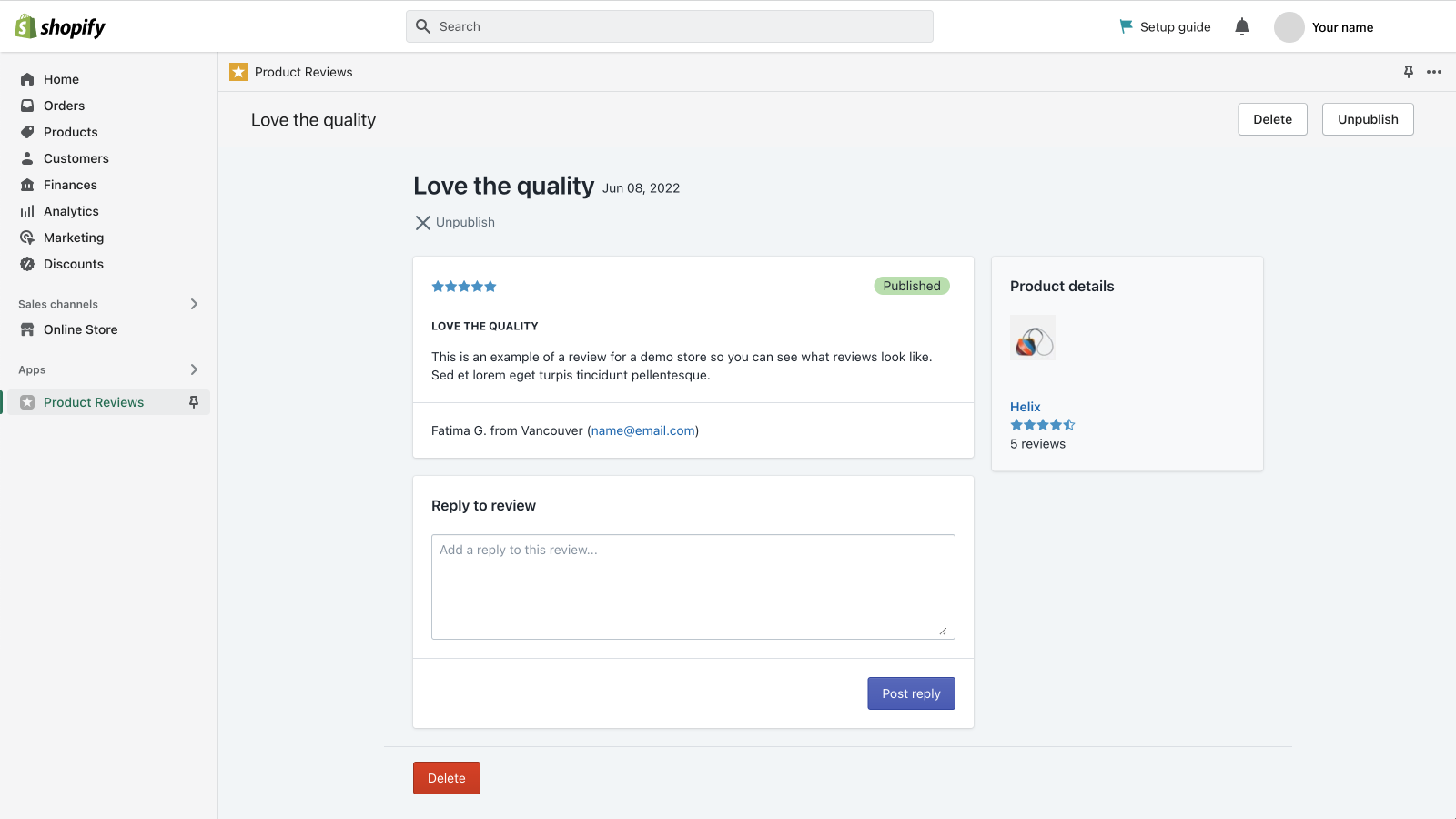 Publish, hide, or delete a customer review in the App Dashboard