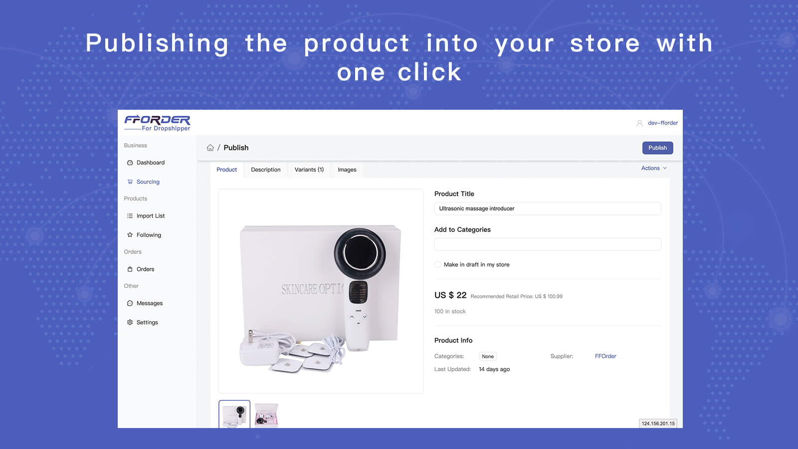 Publishing the product into your store with one click