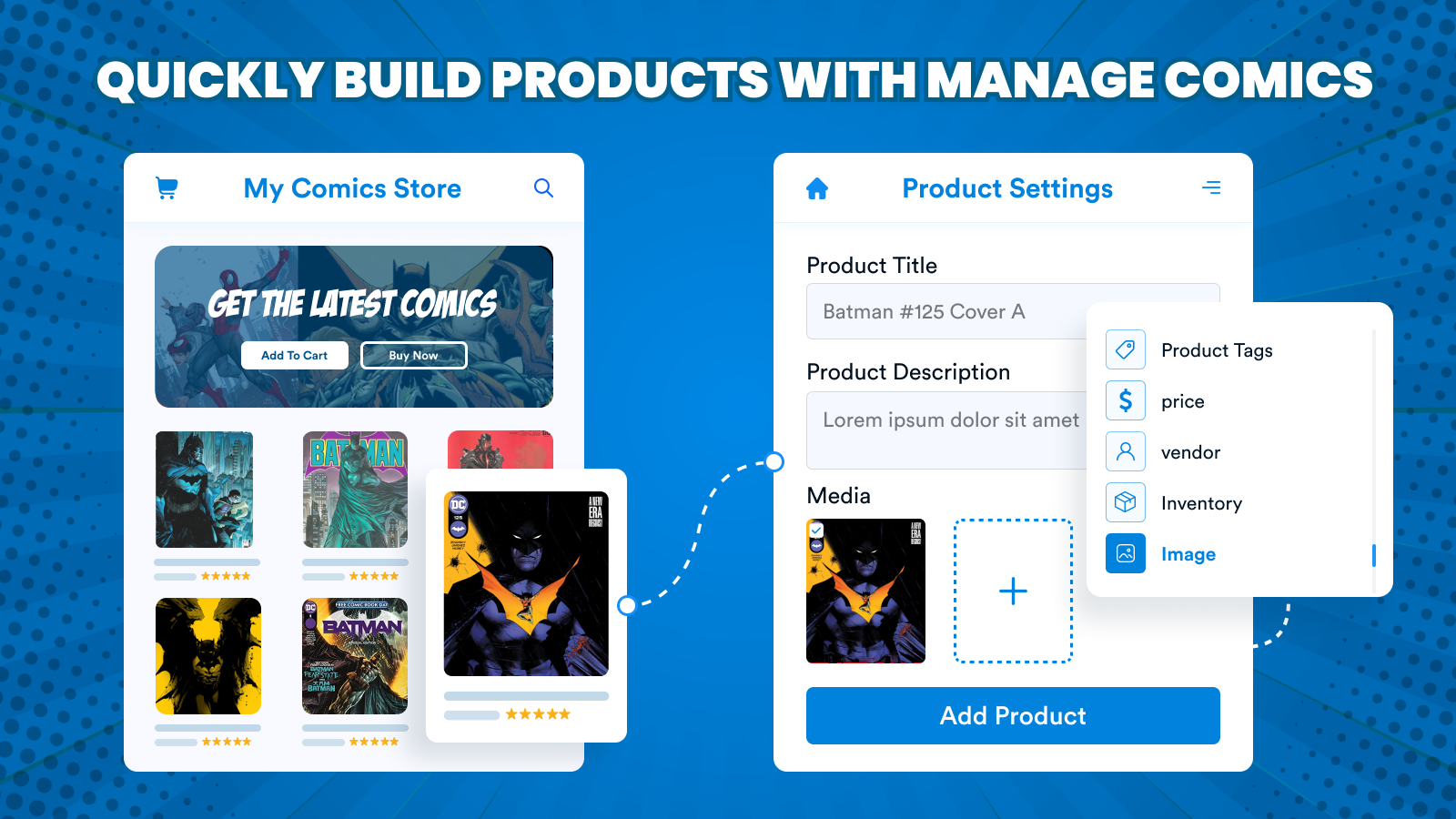 Quickly build products with Categories, vendors, tags, and COGS.