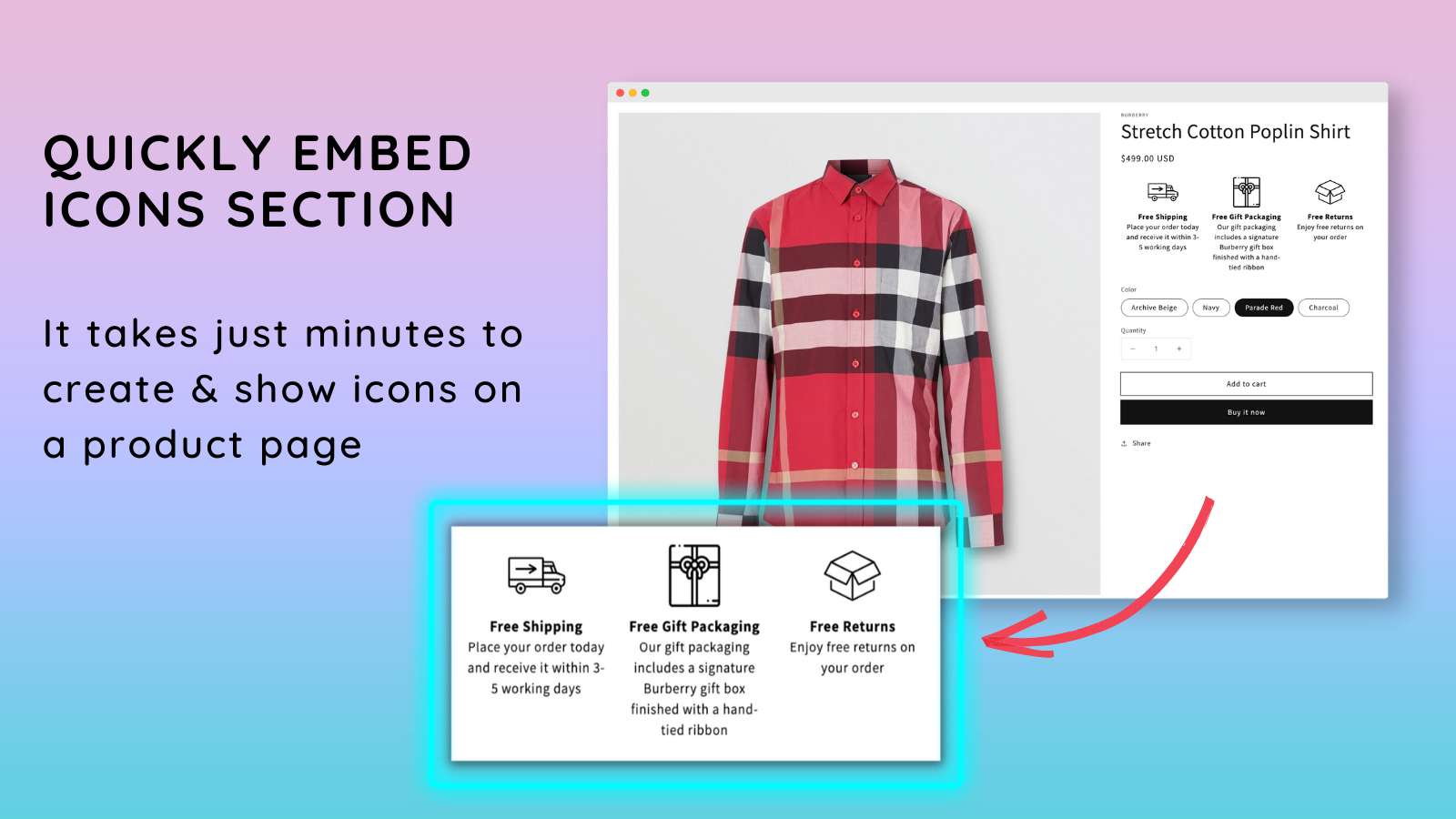 Quickly embed icons section