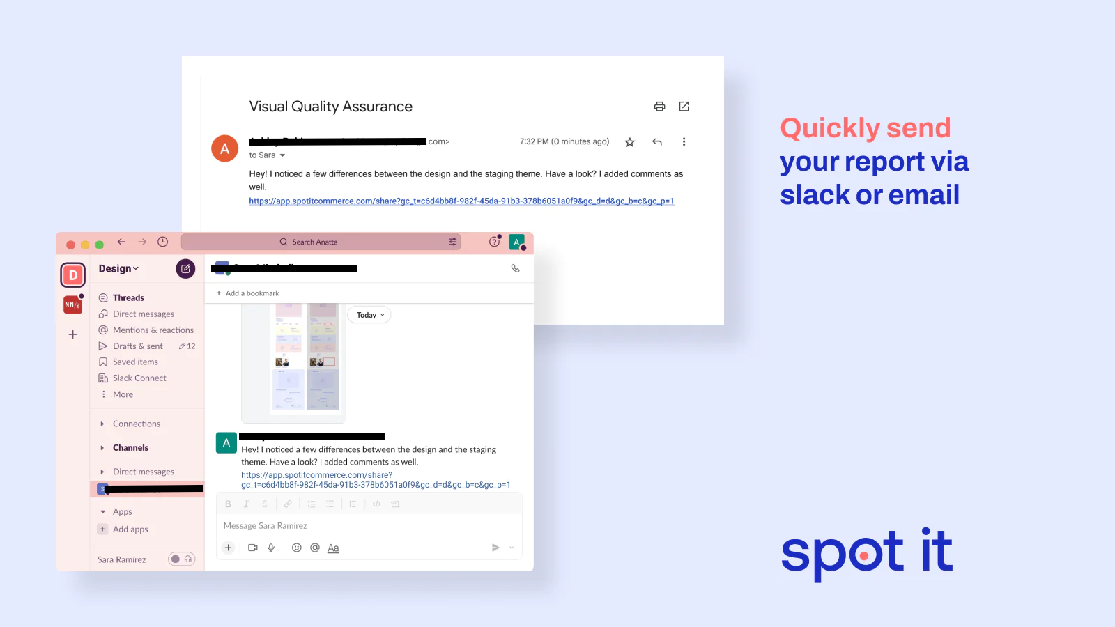 Quickly send your report via Slack or email
