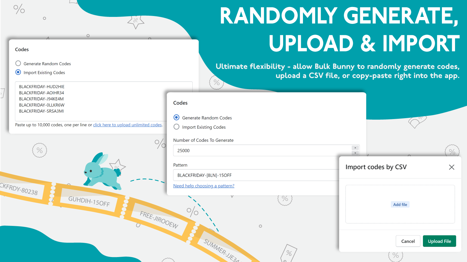 Randomly Generate, Upload & Import - easily add discount codes