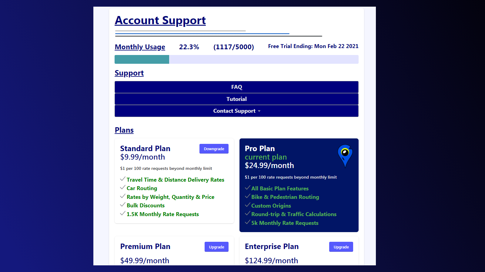 Raven - Custom delivery Rates account support user interface